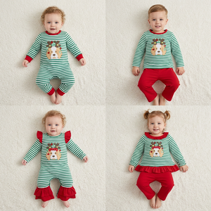Ensemble de vêtements rayés pour bébés et enfants, avec broderie chiens et lumières, thème Noël - Product Image 1