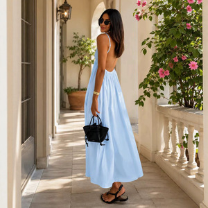 <span class=keywords><strong>Robe</strong></span> longue fluide sans dos à découpe en U, bretelles fines réglables, <span class=keywords><strong>taille</strong></span> élastique, idéale pour la <span class=keywords><strong>plage</strong></span> et les vacances, pour femme - Product Image 2