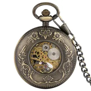 Relógio de bolso mecânico com chaveiro, relógio meia-caçador de steampunk dragon, esqueleto, mecânico para homens