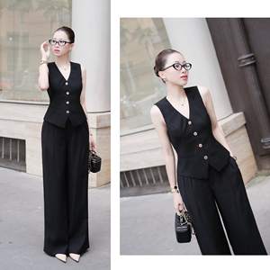 Conjunto de 2 Piezas para Mujer, Chaleco y Pantalones Lisos, Hecho en Vietnam, Estilo Casual Chic, Cuello en V sin Mangas, Material de Poliéster de Longitud Completa - Product Image 4