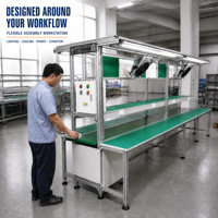 Banc de travail industriel en acier au carbone peint avec convoyeur, configuré pour la ligne d'emballage et les travaux d'inspection en usine