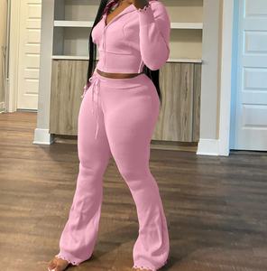 Viviblook Z1230ST03 Ensemble de sport 2 pièces pour femme, motif uni, automne-hiver, pull à capuche tricoté et pantalon décontracté - Product Image 1