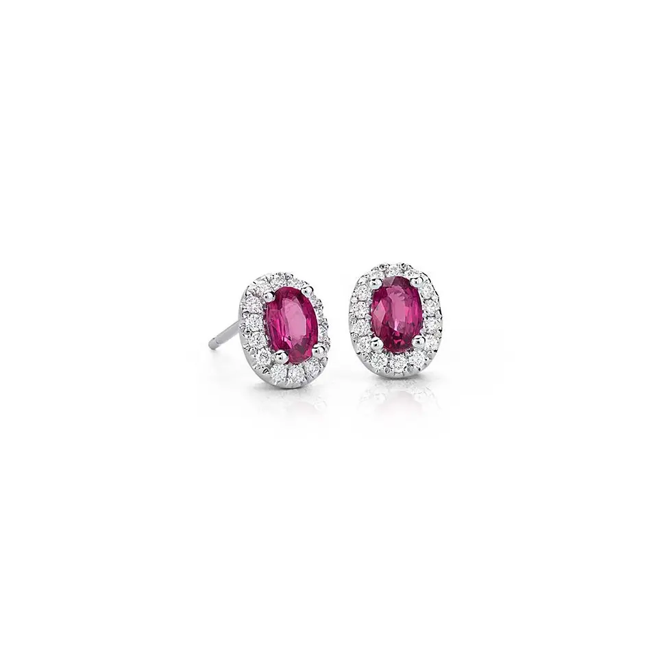 Anting-Anting Kancing Berlian Batu Permata Ruby Pave 6*4Mm Perhiasan Emas Putih 14K Mewah