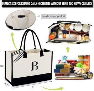 Quality Work Shopping Beach Holiday Gift Embroidery <b>Initial</b> Black White Vintage <b>Bag</b> Canvas Tote Handbags for Women - Product Image 2