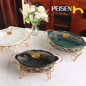 Nouvelle casserole en céramique ovale dorée de style européen avec support en fer Pot à soupe élégant pour buffet - Product Image 4