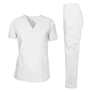 도매 사용자 정의 로고 간호사 병원 유니폼 스크럽 정장 탑 인쇄 흰색 짧은 소매 조깅 의료 스크럽 세트