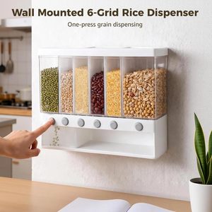 Conteneurs de stockage de céréales et aliments secs en plastique tout-en-un, distributeur mural de riz et de céréales pour cuisine, boîte de rangement - Product Image 3