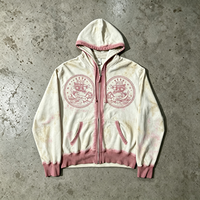 Hoodie Zip Up Vintage Heavyweight Streetwear dengan Detail Trim Pink Distressed, Desain Lucu, Pakaian Merek Fashion Pria, Grosir