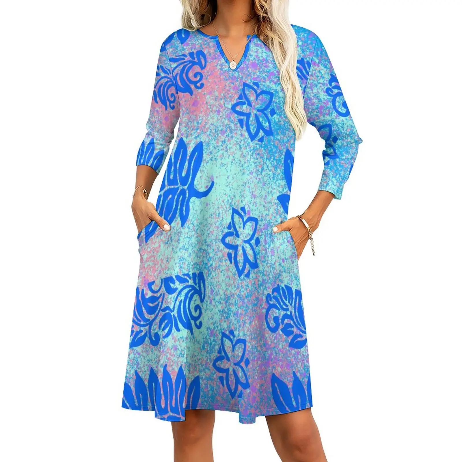 Tie Dye-vestido Hawaiano de estilo Tropical con bolsillo, traje Floral personalizado con diseño de isla del Pacific, longitud hasta la rodilla, cuello de pico, talla grande