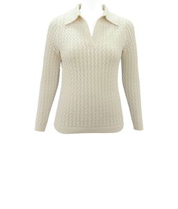 Pull en tricot crème pour femmes, manches longues, col rabattu, motif géométrique, pull décontracté, vêtements d'automne - Product Image 1