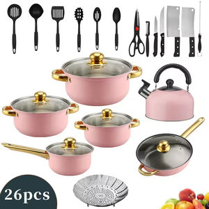 Ensemble de casseroles modernes en acier inoxydable avec poignées plaquées or, antiadhésives, 26 pièces, exportables à l'étranger, avec finition colorée - Product Image 5