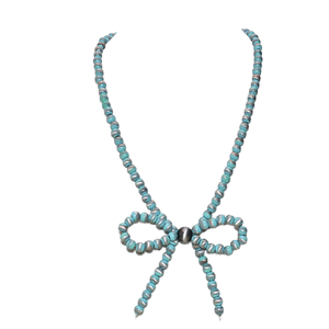 ヴィンテージ風ウェスタンハンドメイド亜鉛合金アンティークシルバーメッキターコイズナバホパールビーズボウペンダントネックレス - Product Image 1