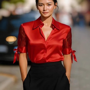 Chemisier en satin à col en V transparent et rayé avec laçage, manches mi-longues, pour femme - Collection 2026 - Meilleure vente sur <span class=keywords><strong>site</strong></span> indépendant - Product Image 2