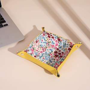 Organisateur de bureau pliable en cuir PU, boîte de rangement carrée pour cosmétiques avec imprimé floral, couleur rose, pour maquillage et clés - Product Image 4