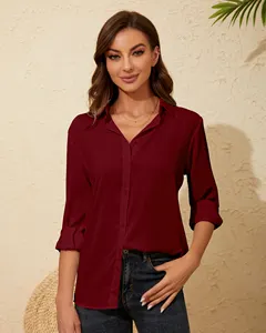 Free Sample OEM/ODM Customized Women's Button Down Shirt Casual Ladies Tops Turn Down Collar Long Sleeve Blouse Top For Women