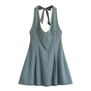 Vestido Mini Halter sin Espalda Lavado para Mujer 2026, Vestido de Verano Ajustado con Cuello en V y Detalle de Lazo, OEM/ODM de Fábrica China - Product Image 1