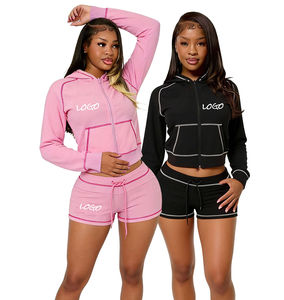 Completo da donna in maglia waffle 2026, personalizzabile con logo, set loungewear primaverile/estivo in cotone due pezzi: felpa con cappuccio e pantaloncini - Product Image 1