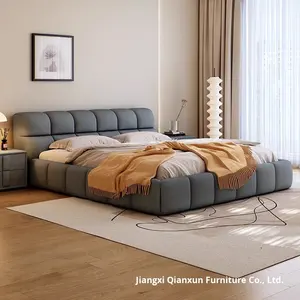 Modern Ins Cream Style Wedding Bed Popular Fabric Puff Double King Bed for Master Bedroom Simple Wooden Frame - Product Image 3