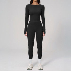 Ensemble de sport haut de gamme respirant pour femme : haut de yoga uni et pantalon <span class=keywords><strong>taille</strong></span> haute moulant pour la course en extérieur et le fitness - Product Image 3