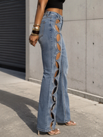 Jean droit taille haute sexy en denim bleu clair pour femme, orné de strass et de découpes ondulées, avec diamants sur les côtés, idéal pour l'été
