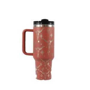 Stainless Steel Tumbler 40oz Laser Bull Head Design <b>Insulated</b> Travel <b>Mug</b> With Handle And Straw - Product Image 5