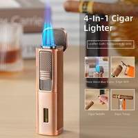 Briquet à cigares de luxe 4-en-1 en cuir, rechargeable au gaz butane, avec torche à 3 flammes, vente en gros