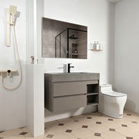 Meuble-lavabo moderne en bois massif avec vasque en céramique et miroir inclus, pour usage hôtelier, avec lavabos de salle de bain