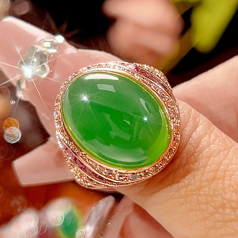 Bague en calcédoine verte et or rose, taille ajustable