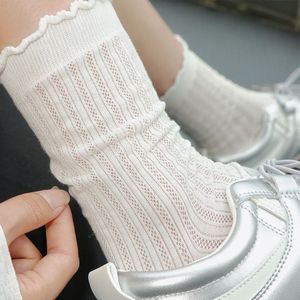 Women Mesh Mid Calf Socks Thin Breathable Hollowed Out Solid Color White Lace Edge Ins Style - Product Image 3