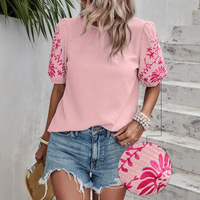 Printemps et été nouvelle plante et fleur brodée col rond bouffant à manches courtes Blouses couleur unie pull ample et décontracté haut