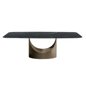 2024新しい家高級大理石ブロンズステンレス鋼ベースカスタマイズされたヴィラ用ブラックスレートダイニングテーブル