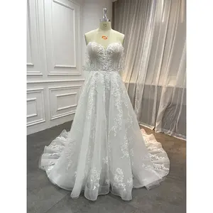 Vestido de noiva com aplique, vestido de noiva personalizado com folha de brilho, plissado, topo, 2023 de ombro de fora, chapela, vestido de casamento