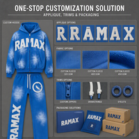 Ensemble de survêtement bleu délavé RAMAX pour homme, 480g, sweat à capuche zippé, détails blanchis, streetwear, vente en gros, fournisseur d'usine