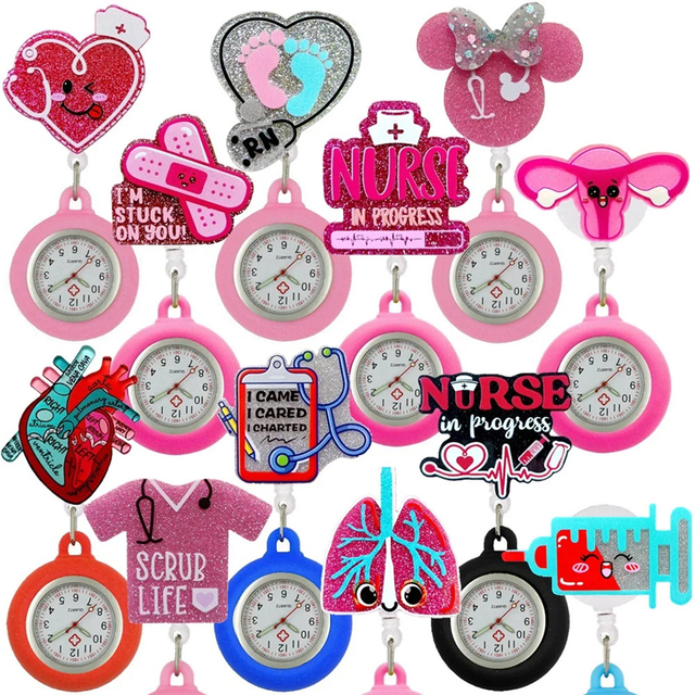 Customized Nurse Glitter Watch Badge Reel Nurse Doctor Pocket Watches Medicine Clock Watch Badge Reel for Nurse Accessories