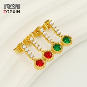 Zogxin Drop <b>Earrings</b> Gold Plated Pearl <b>Red</b> Green Stone Bezel Setting Everyday Wear Stainless Steel <b>Earrings</b> - Product Image 1