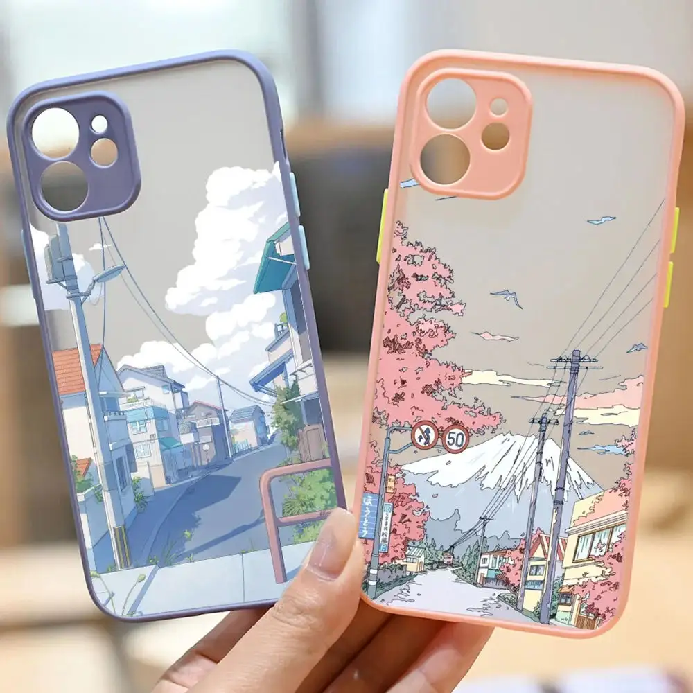 Cartoon Anime Scenery Handy hülle für iPhone 15 13 11 12 14 Pro MAX Plus XR XS X SE 7 8 Plus Landschaft Clear Silicon Cover Shell