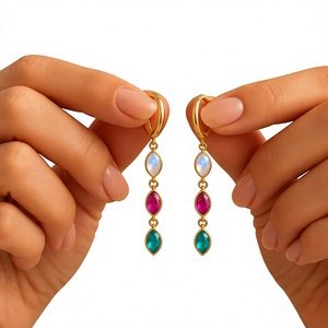 Leaf Birthstone Dangle Hoop <b>Huggie</b> Earrings, Multiple Birthstone Earrings, Gold Earrings for Women, Birthday Gift for Her, Mothe - Product Image 1