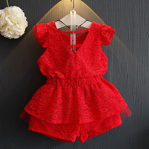 Estate pizzo rosso 2pcs dei bambini stabiliti altri capretto ragazze di abbigliamento alla moda - Product Image 2