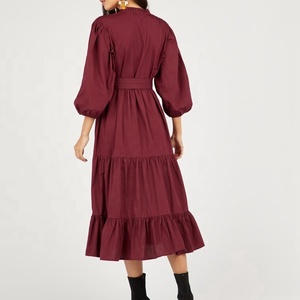 Phụ Nữ Căng Phồng Ba Quý Tay Áo Tự Vành Đai Vải Nút Up Rắn Tầng Midi Dress Dresses Phụ Nữ Quần Áo - Product Image 6