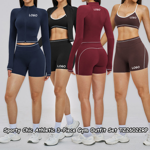 YNSEA Ensemble de Vêtements de Sport pour <span class=keywords><strong>Femme</strong></span> Personnalisé, Style Sport Chic, 3 Pièces, Crop Top à Bretelles Croisées, Color Block, Tenue de Yoga et Fitness - Product Image 5
