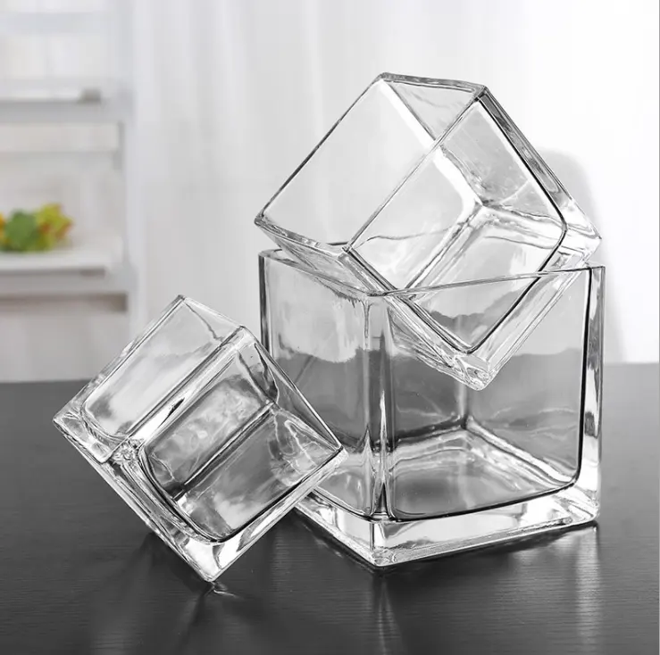 도매 6 인치 투명 큐브 사각 유리 꽃병 판매 골드 꽃병 장식 유리