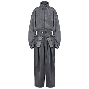 High-Quality Denim Two-Piece Autumn New Retro High-Waisted Straight Trousers Stand Collar Top Set Fashion - Product Image 2