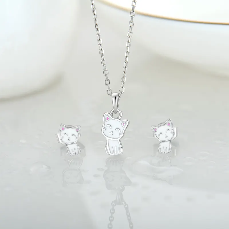 Oem Odm Rhodium Leuke Animal Kids Hanger Oorbel Groothandel Kinderen Emaille Sterling Zilver Delicate 925 Cat Sieraden Set