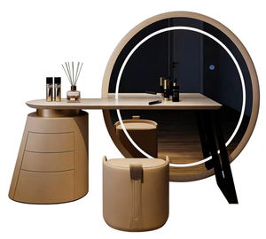 Ensemble coiffeuse compact moderne européen en bois massif avec miroir éclairé et tabouret, gain de place, multifonction, pour chambre à coucher - Product Image 1