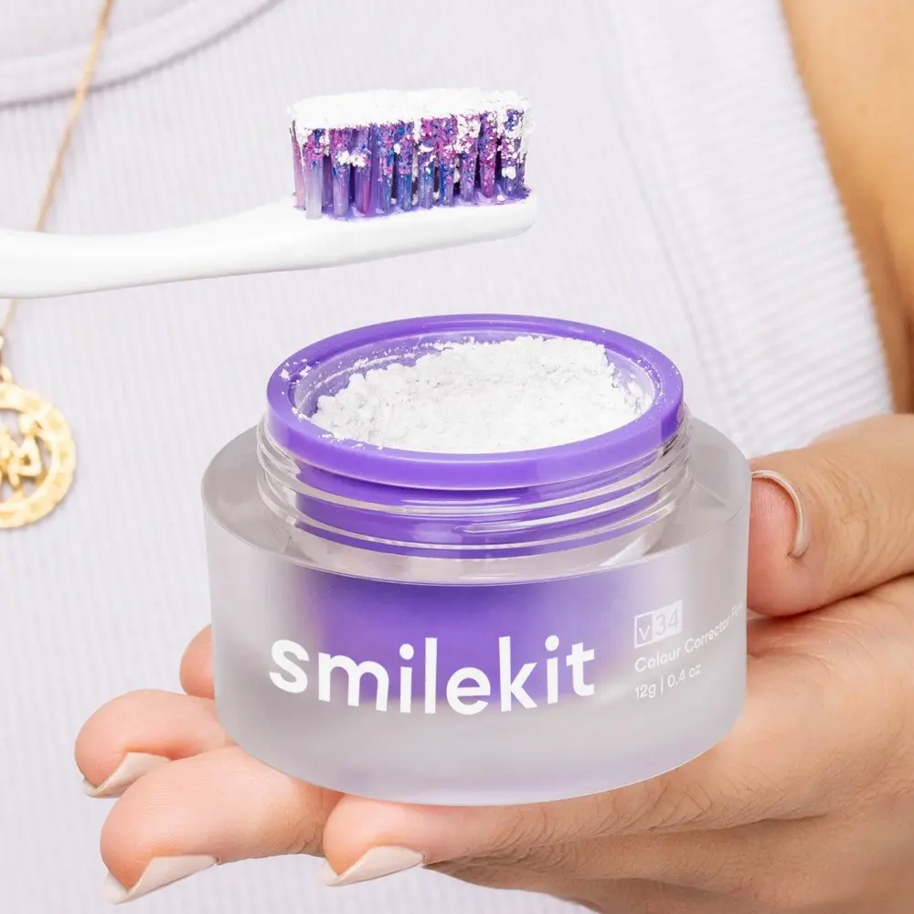 Fabrik preis Smile Kit Kunden spezifisches Logo 12g Minz geschmack Zahn aufhellung Weiß Farb korrektor Farbe V34 Pulver