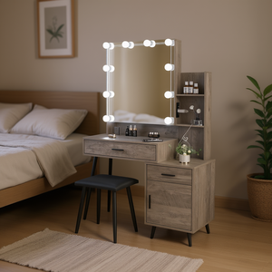 FCH Moderno Set de Tocador con Espejo Iluminado, 2 Cajones, 1 Puerta, Patas de Hierro, Material de Aglomerado - Product Image 2