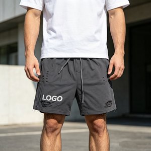 Shorts déchirés gris pour hommes avec cordon de serrage, de haute qualité, personnalisables avec logo sur le devant, en coton décontracté, taille mi-haute, respirants - Product Image 1