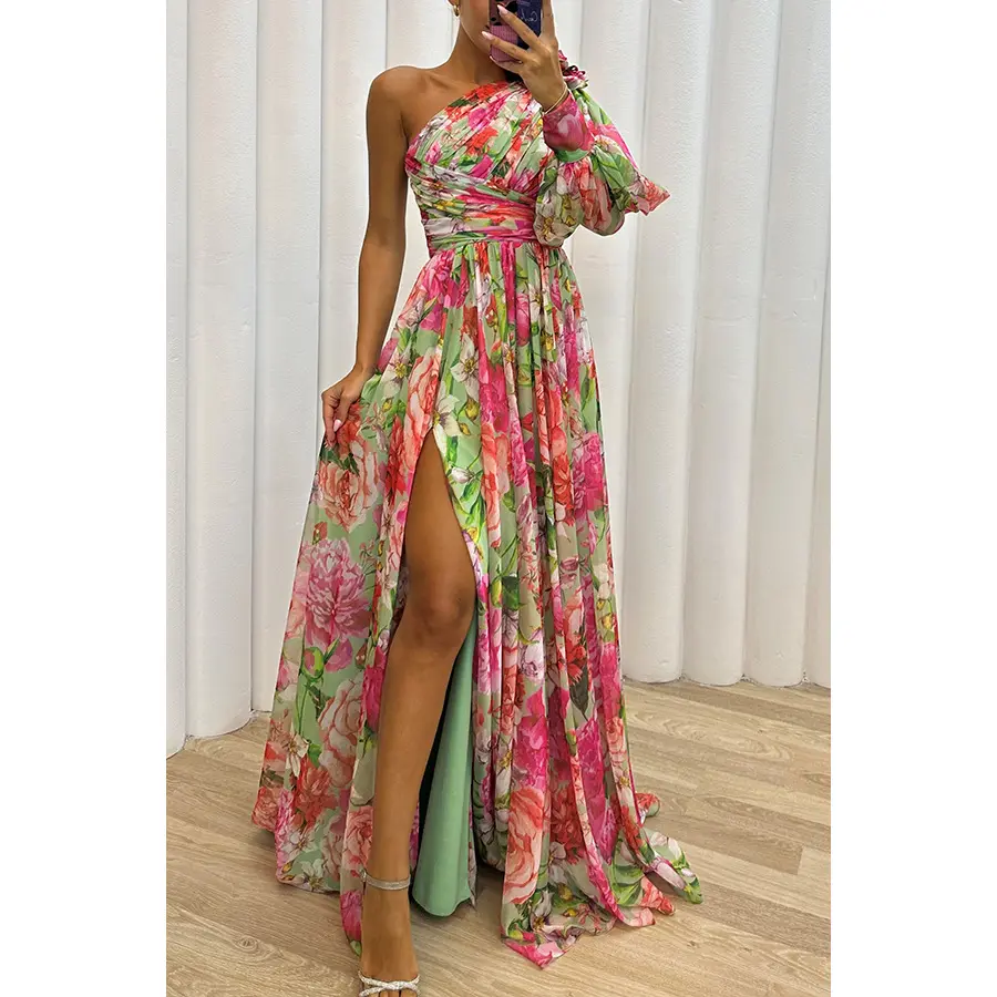 2024 Floral Print Sexy Big Hem Expansion Maxi Women's One Shoulder Suspender Long Women Dress