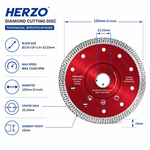 Disco de Corte de Diamante HERZO de 125 mm, 1.4 mm de Grosor, Recubrimiento UV, Prensado en Caliente, Hoja de Sierra de 22.23 mm para Amoladora Angular - Product Image 5