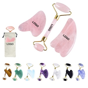 Set de Rodillo de Cuarzo Rosa y Gua Sha con Logotipo Personalizado, Rodillo de Jade <span class=keywords><strong>Natural</strong></span> Antienvejecimiento, Masajeador Facial con Tabla de Guasha - Product Image 1